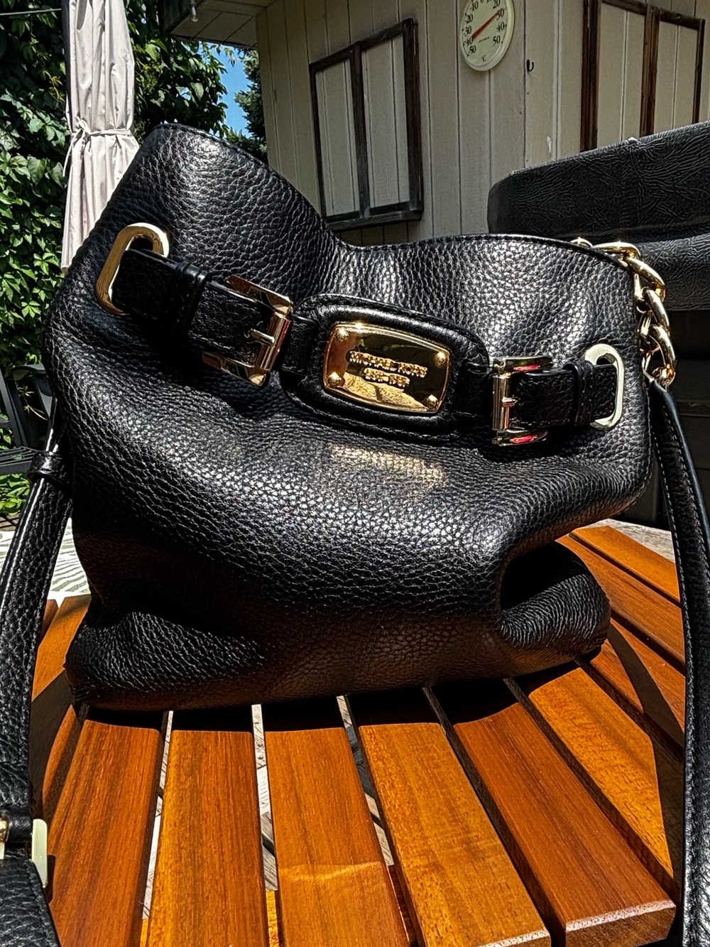 Michael Kors Black Pebbled Leather Shoulder Bag with Gold-Tone Plaque